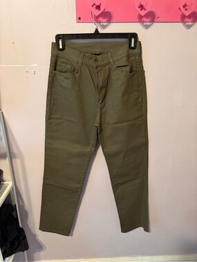 MASSIMO DUTTI Dark Green Waxed Jeans High Waist Straight Leg
